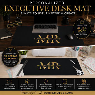 Tapis de bureau à monogramme Or Noir Nom Initiales