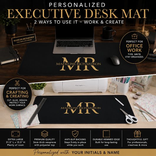 Tapis de bureau à monogramme Or Noir Nom Initiales