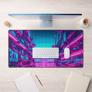 Tapis de bureau Cyberpunk Ville Néon Cyan Magenta