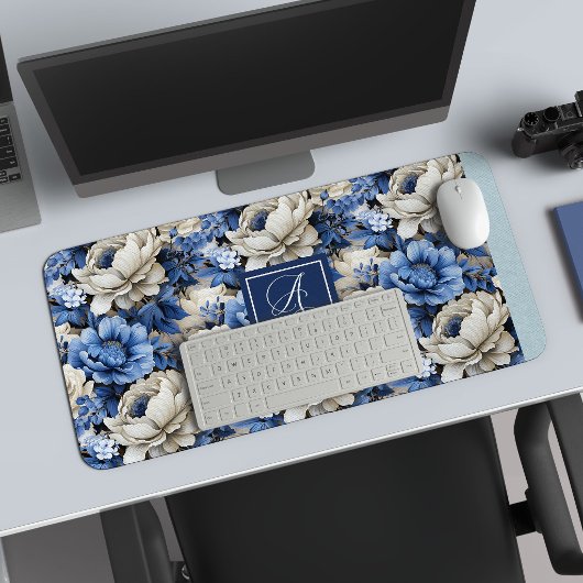Tapis de Bureau Fleurs Bleu Marine Élégant Nom Per