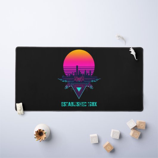Tapis de bureau néon de ville synthwave rétro 80s (Tableau pour enfants)