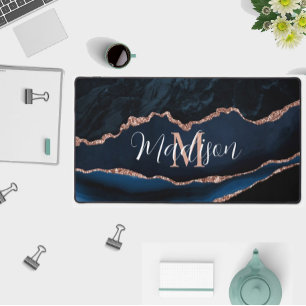 Tapis de bureau pailleté or rose agate bleu marine