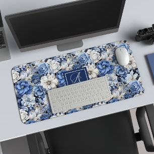 Tapis de bureau personnalisé Fleurs Bleues Blanche