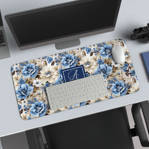 Tapis de bureau personnalisé Fleurs Bleues et Blan