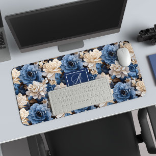 Tapis de bureau personnalisé Fleurs d'ivoire bleue