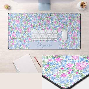 Tapis de bureau personnalisé Fleurs roses et bleue
