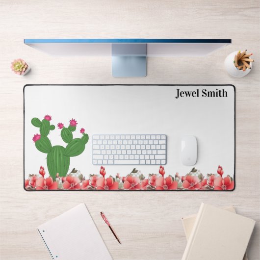 Tapis de bureau vert cactus orange fleurs floral (Bureau 1)