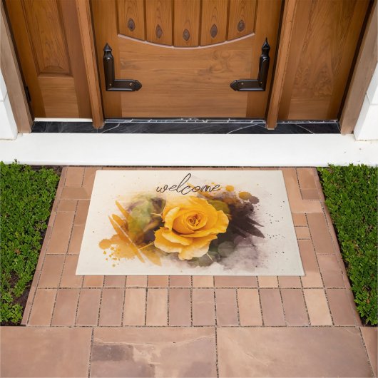 Tapis de porte à l'aquarelle unique rose jaune (De plein air)