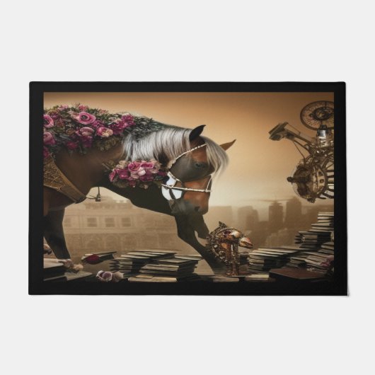 Tapis de porte cheval steampunk avec des roses (Devant)