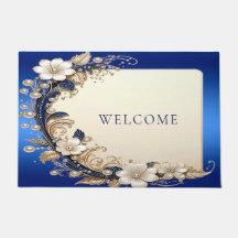 Tapis de porte floral bleu blanc