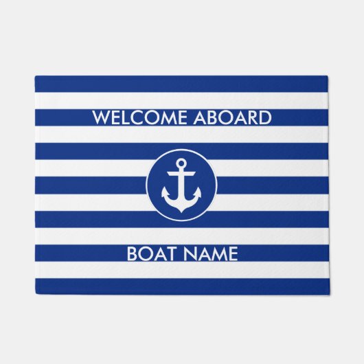 Tapis de porte rayé de bleu d'accueil de nom (Devant)