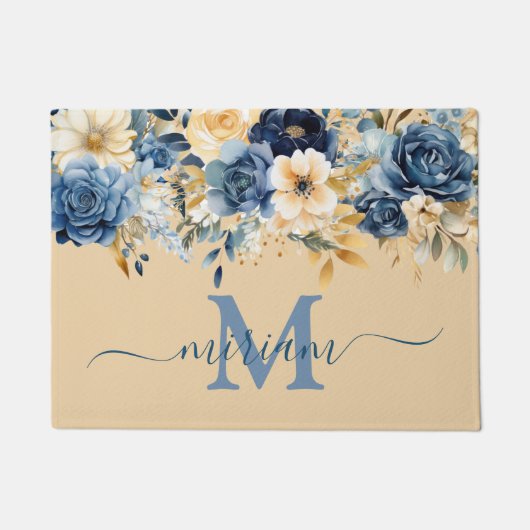 Tapis de sol de cuisine de luxe : Fleurs bleues et (Devant)