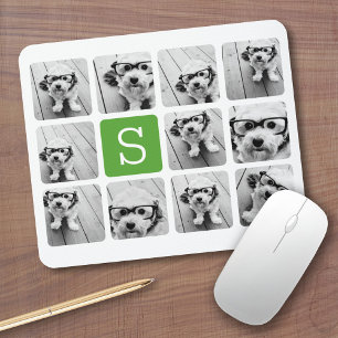 Tapis De Souris 11 Collage Photo - Monogramme Moderne Vert Blanc