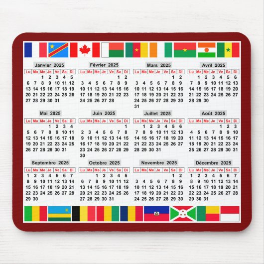 Tapis De Souris 12 mois calendrier de l'année 2025 (Devant)