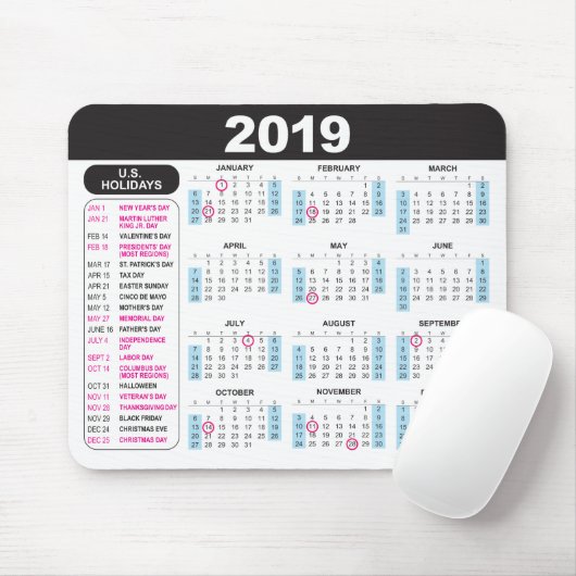 Tapis De Souris 2019 calendrier Mousepad avec des vacances des (Avec souris)