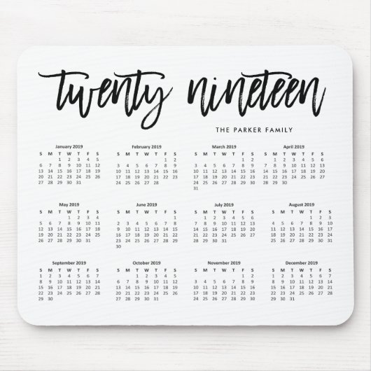 Tapis De Souris 2019 typographie moderne du calendrier | (Devant)