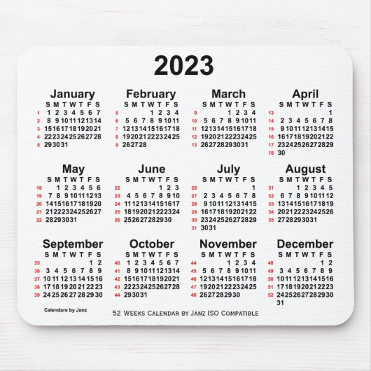 Tapis De Souris 2023 Blanc 52 semaines Calendrier ISO par Janz (Devant)