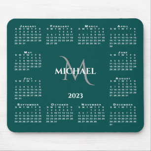 Tapis De Souris 2023 Calendrier Chic Monogramme Nom sur Turquoise