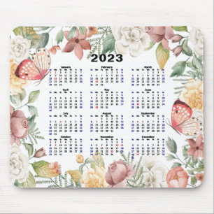 Tapis De Souris 2023 Calendrier Rose floral personnalisé papillon 