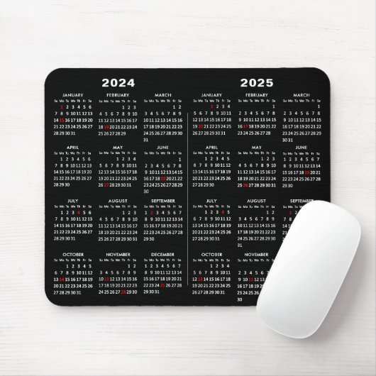 Tapis De Souris 2024 - 2025 Calendrier Simple Noir avec les fêtes (Avec souris)