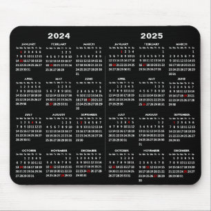Tapis De Souris 2024 - 2025 Calendrier Simple Noir avec les fêtes 