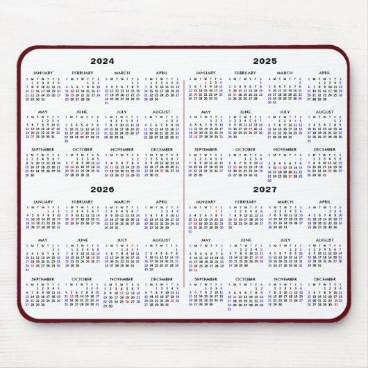 Tapis De Souris 2024-2027 Calendrier de 4 ans Simple Red US Holida (Devant)