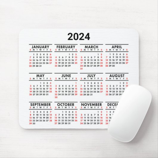 Tapis De Souris 2024 Année En Coup D'Oeil Calendrier Rouge, Noir & (Avec souris)