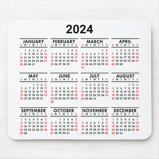 Tapis De Souris 2024 Année En Coup D'Oeil Calendrier Rouge, Noir & (Devant)