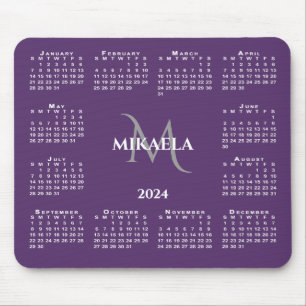Tapis De Souris 2024 Calendrier Chic Monogram Nom sur Purple