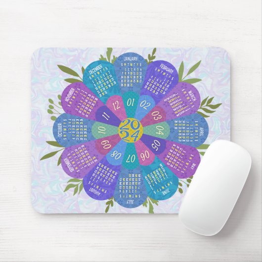 Tapis De Souris 2024 Calendrier Unique Arrondi Boho Purple Flower (Avec souris)