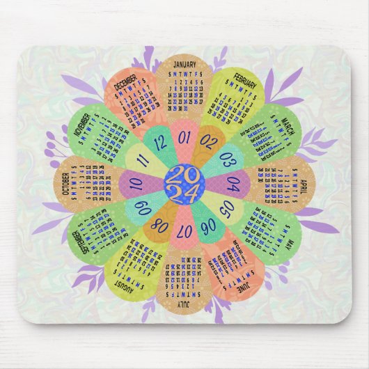 Tapis De Souris 2024 Calendrier Unique Arrondi Boho Retro Flower (Devant)