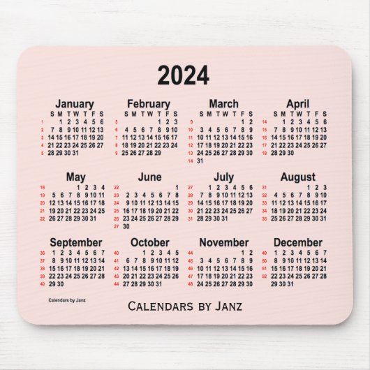 Tapis De Souris 2024 Misty Rose 52 Weeks Calendrier par Janz (Devant)