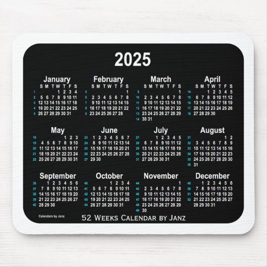 Tapis De Souris 2025 Black Neon 52 semaines Calendrier par Janz (Devant)