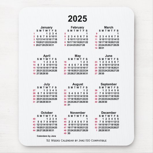 Tapis De Souris 2025 Blanc 52 semaines Calendrier ISO par Janz (Devant)