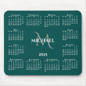 Tapis De Souris 2025 Calendrier Chic Monogramme Nom sur Turquoise (Devant)