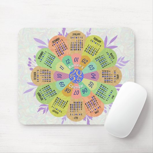 Tapis De Souris 2025 Calendrier Unique Boho Retro Flower Nom perso (Avec souris)