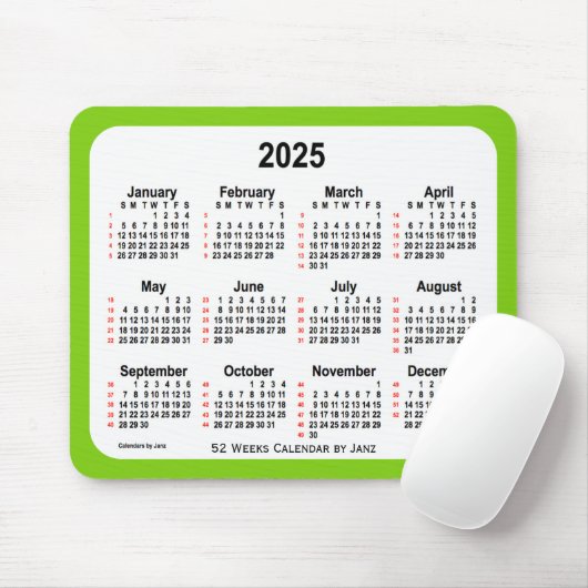 Tapis De Souris 2025 Jaune Vert 52 Semaines Calendrier par Janz (Avec souris)