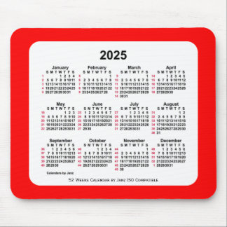 Tapis De Souris 2025 Rouge 52 semaines Calendrier ISO par Janz Two