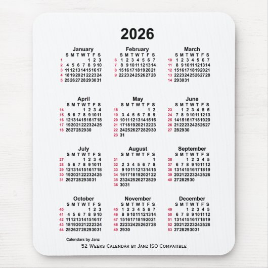 Tapis De Souris 2026 Blanc 52 semaines Calendrier ISO par Janz (Devant)