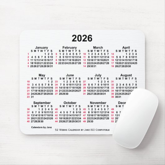 Tapis De Souris 2026 Blanc 52 semaines Calendrier ISO par Janz (Avec souris)