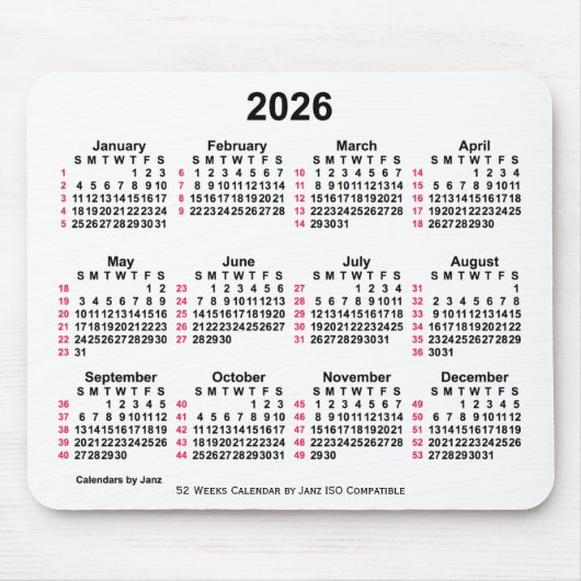 Tapis De Souris 2026 Blanc 52 semaines Calendrier ISO par Janz (Devant)