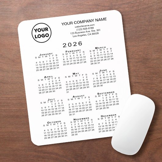 Tapis De Souris 2026 Calendar Business Logo and Text on White