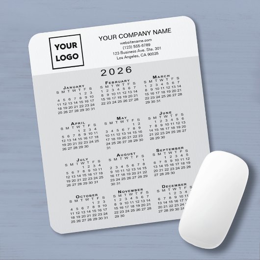 Tapis De Souris 2026 Calendar Business Logo Text Light Grey White