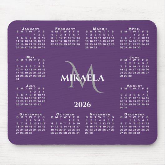 Tapis De Souris 2026 Calendar Chic Monogram Name on Purple (Devant)