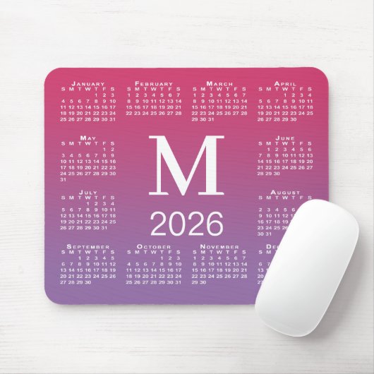 Tapis De Souris 2026 Calendar Monogram on Pink to Purple Gradient (Avec souris)