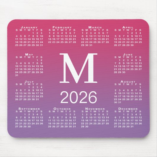 Tapis De Souris 2026 Calendar Monogram on Pink to Purple Gradient (Devant)
