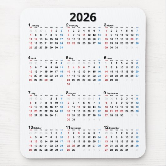 Tapis De Souris 2026 Calendar On White (Devant)