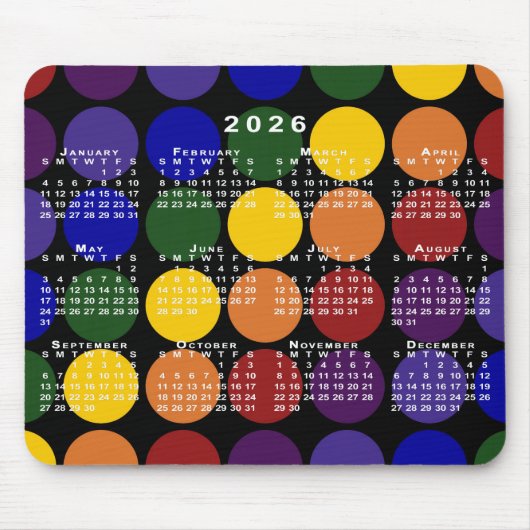 Tapis De Souris 2026 Calendar Pride Rainbow Polka Dots on Black (Devant)