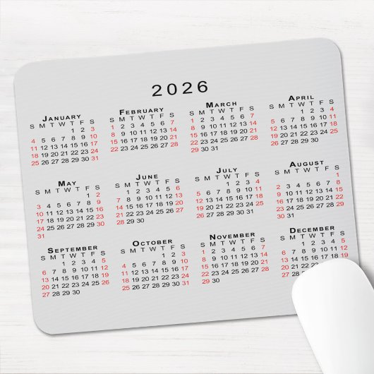 Tapis De Souris 2026 Calendar Simple Gray Black Red