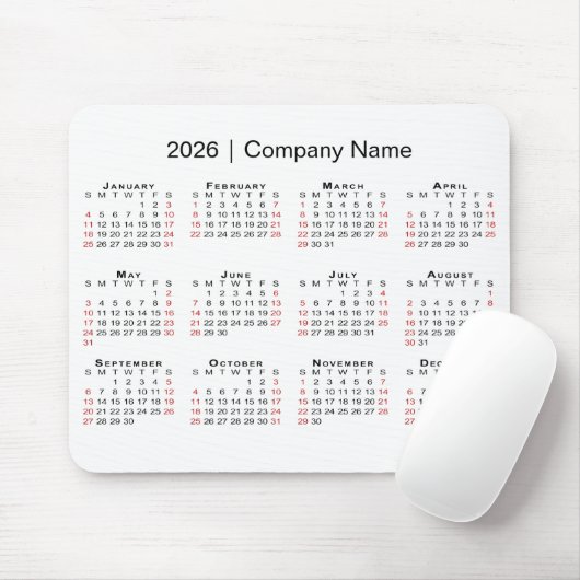 Tapis De Souris 2026 Calendar with Company Name on White (Avec souris)